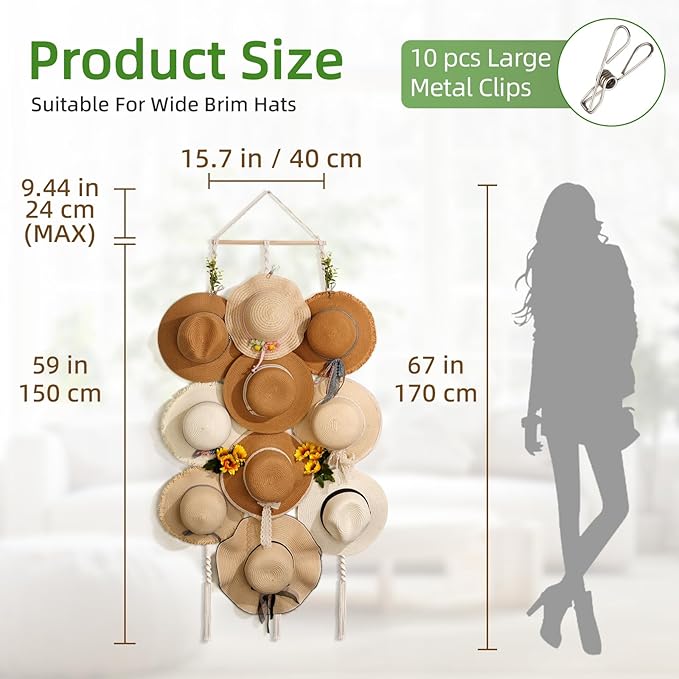 Macrame Hat Hangers for Wall Wide Brimmed Hat Holder Storage 10 Clips Hat Rack Organizer for Wall Display Boho Decor for Fedora Sun Hats Straw Panama Closet Bedroom Gifts for Mom