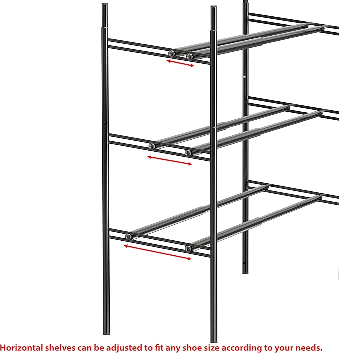 Simple Houseware Space-Saving 3-Tier Shoe Rack - Expandable & Stackable Metal Footwear Organizer for Entryway or Closet, Black
