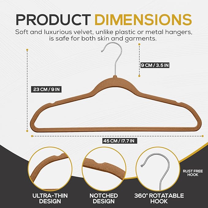 Techzoo 50 Pack New Premium Quality Velvet Hangers Ultra Thin Non Slip Adult Felt Space Saving Hangers for Closet Heavy Duty Coat Pants Jackets Dress Hangers 360° Swivel Hook Hold Upto 10 lbs Bronze