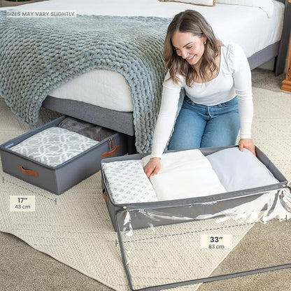 OrganiHaus Under Bed Storage Containers, Bedroom Storage and Organization Bins, Clothes Organizer for Closet with Clear Cover and Reinforced Handles - Set of 2 33x17x6 inches Gray