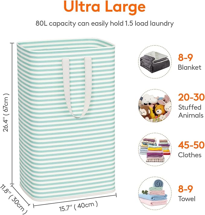 Lifewit 2 Pack Laundry Basket 80L Each, Collapsible Clothes Hamper with Reinforced Handles, Freestanding Waterproof Design for Bedroom and Laundry Room, Sage Green 160L Total
