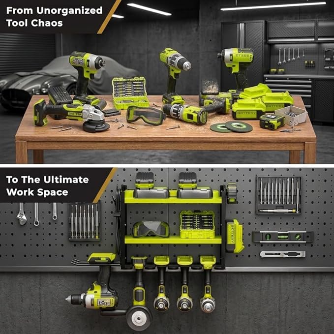 BUILTSTRONG Power Tool Organizer Wall Mount – 3-Tier Heavy-Duty Steel Rack, 6 Drill Slots, Dual Pegboard Sides, Side-by-Side Modular, 100 lb Capacity – Garage & Workshop (Green)