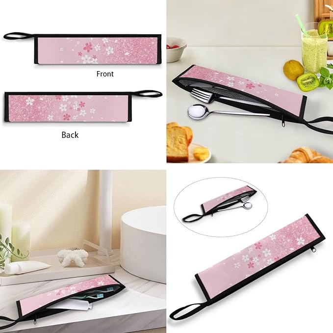 COEQINE Pink Silverware Organizer Reusable Cherry Blossom Bling Pattern Fork Spoon Knife Organizer For Restaurant Travel Picnic Leafproof Fabric For Travel Accessories Lightweight