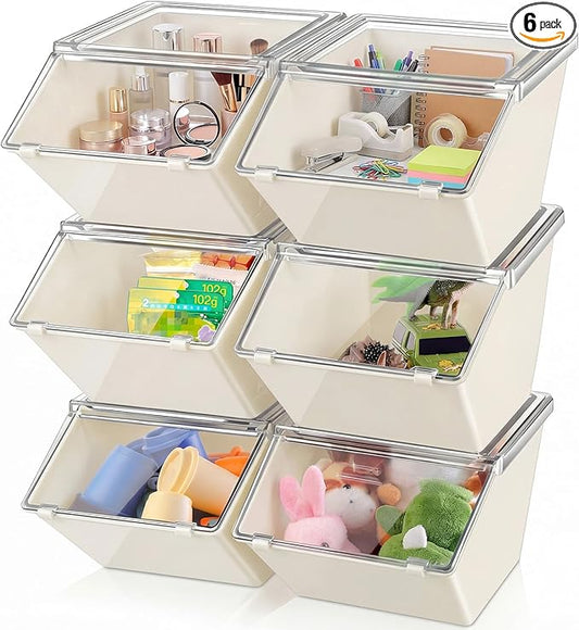 Yerliker 6 Pcs Clear Plastic Storage Bins with Lids Large Stackable Pantry Storage Organizer Bins Kitchen Organization Cabinet Organizers Ideal Containers for Fridge, Kitchen, Cabinets (White)
