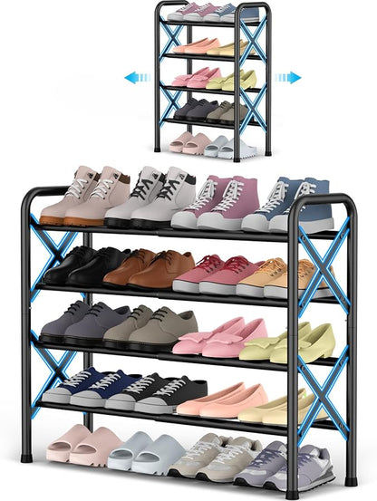 YEASHEIN 4-Tier Expandable Shoe Rack for Closet Floor, X-Frame Metal Small Shoe Rack for Entryway, Adjustable Shoe Shelf Organizer, Free Standing Shoe Racks for Front Door Entrance, Garage - Black