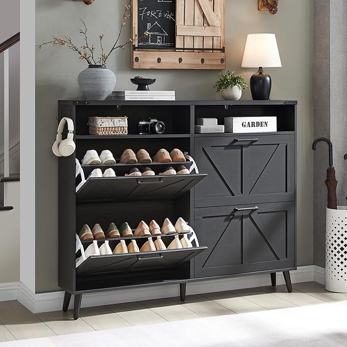 Shoe Storage Cabinet, Farmhouse Shoe Organizer with 4 Flip Drawers & Barn Door,Freestanding Hidden Slim Narrow Shoe Rack with Open Shelves for Entryway, Foyer, Hallway, Black