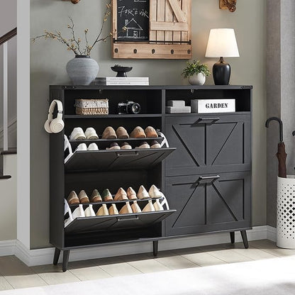Shoe Storage Cabinet, Farmhouse Shoe Organizer with 4 Flip Drawers & Barn Door,Freestanding Hidden Slim Narrow Shoe Rack with Open Shelves for Entryway, Foyer, Hallway, Black