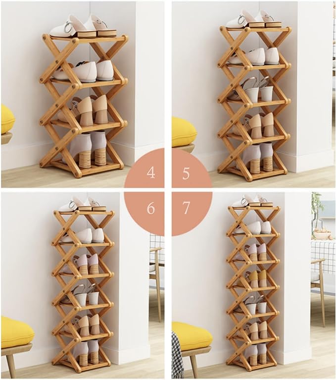 Foldable Shoe Rack, Bamboo Vertical Shoe Organizer Tall for Small Spaces. Multifunctional Narrow Shoe Shelf for Entryway, Closet, Corner, Bedroom, Hallway, Wood Color 7 Layers