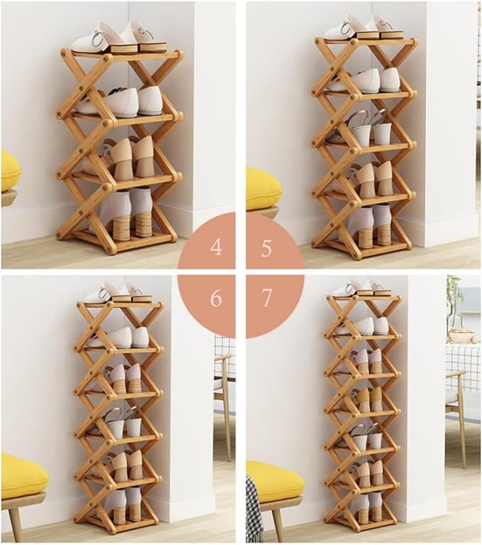 Foldable Shoe Rack, Bamboo Vertical Shoe Organizer Tall for Small Spaces. Multifunctional Narrow Shoe Shelf for Entryway, Closet, Corner, Bedroom, Hallway, Wood Color 6 Layers