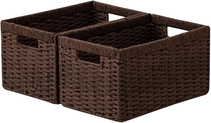 joybest Dark Brown Wicker Baskets for Shelves, 13.4L x 8.3W x 7.1H inch Hand-woven Storage Baskets for Pantry Organizing, Foldable Rectangular Bin with Handles, 2-pack