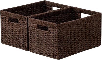 joybest Dark Brown Wicker Baskets for Shelves, 13.4L x 8.3W x 7.1H inch Hand-woven Storage Baskets for Pantry Organizing, Foldable Rectangular Bin with Handles, 2-pack