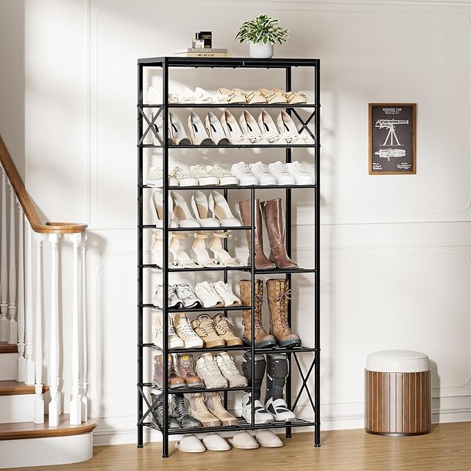 10-Tier Shoe Rack, Shoe Storage Organizer with Boots Storage, Large Capacity Shoe Shelf Holds 27-30 Pairs of Shoes, Durable and Stable, for Entryway, Closet, Hallway, Dorm Room, Black
