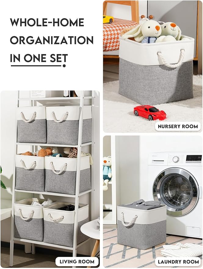 Temary 11 Inch Cube Storage Bins - 6 Pack Foldable Fabric Storage Baskets with Soft Rope Handles, Sturdy Organizer Cubes with Metal Frame for Shelves, Closet, Office & Home Organization (White&Grey)