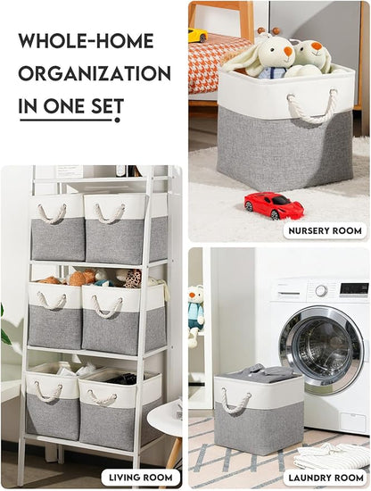Temary 11 Inch Cube Storage Bins - 6 Pack Foldable Fabric Storage Baskets with Soft Rope Handles, Sturdy Organizer Cubes with Metal Frame for Shelves, Closet, Office & Home Organization (White&Grey)