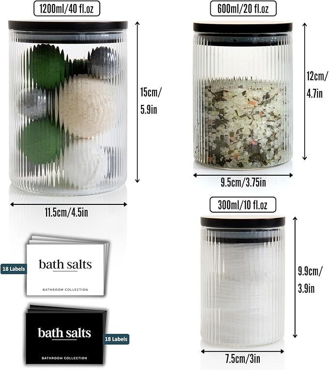 Mason & Fable 3x Ribbed Glass Bathroom Jars with Airtight Black Bamboo Lids | Cotton Pad/Buds/Q tip Holder | Bath Salt/Small Makeup/Apothecary Storage Canister- 10, 20 & 40 fl.oz