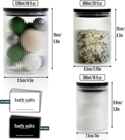 Mason & Fable 3x Ribbed Glass Bathroom Jars with Airtight Black Bamboo Lids | Cotton Pad/Buds/Q tip Holder | Bath Salt/Small Makeup/Apothecary Storage Canister- 10, 20 & 40 fl.oz