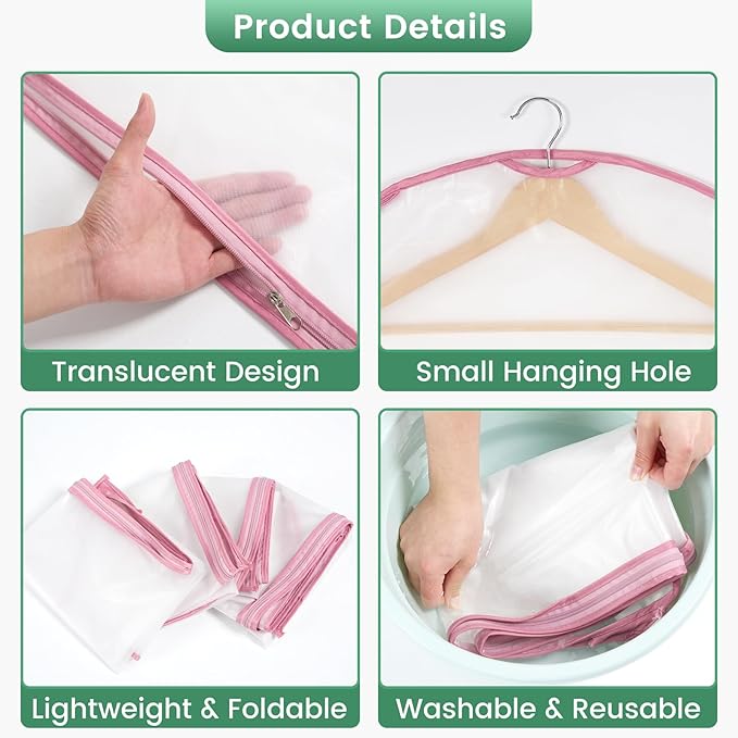 Carbrea 6 Pack Garment Bags for Hanging Clothes - Translucent Suit Bag for Closet Storage, Clothes Cover for Hanging Shirts, Dresses, Travel, Moving - Pink