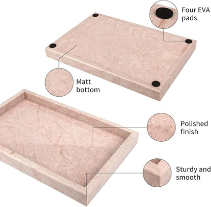 Marble Bathroom Vanity Tray, Natural Luxury Vanity Home Kitchen Bathroom Table Tray, Stone Decorative Countertop Dresser Trays for Key Coffee Perfume Jewelry Makeup (Pink/Cream Rose, 12"x 8" x1.2")