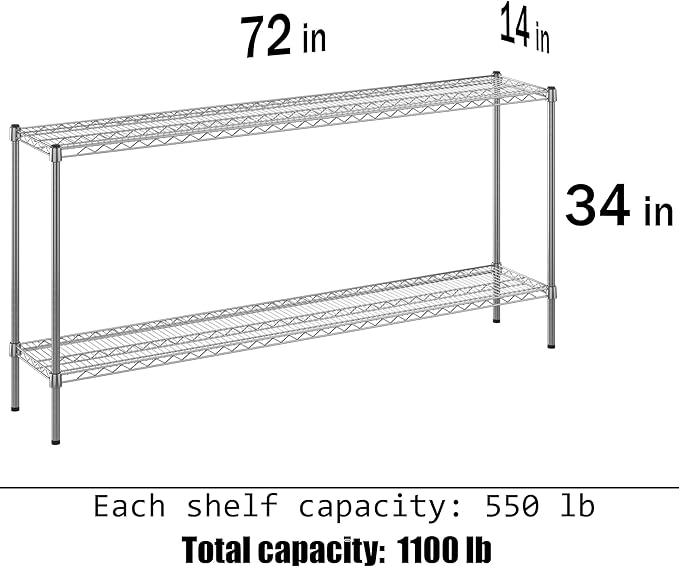 14" Deep x 72" Wide x 34" Height Wire Shelving Kit | 2-Tier | NSF Commercial Storage Rack Unit