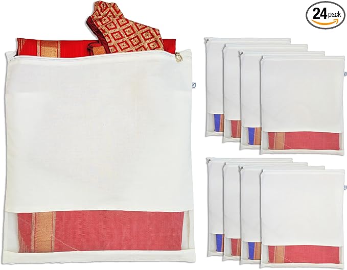 Reusable Cotton Saree Cover with Blouse compartment big size for Storage, Wardrobe Organizer bags saree bags cotton (17x17 inches, 24)
