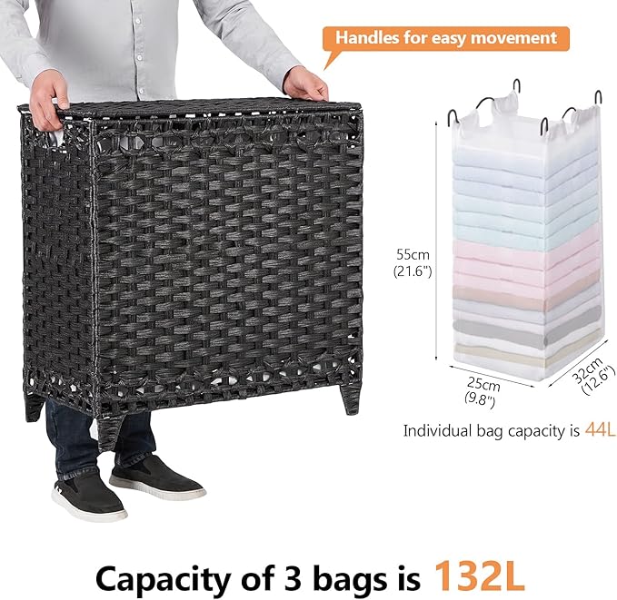 Laundry Hamper with 3 Removable Liner Bags; 132L Handwoven Rattan Laundry Basket with Lid & Heightened Feet; Clothes Hamper with Side Handles; Laundry Sorter with 3 Separate Sections
