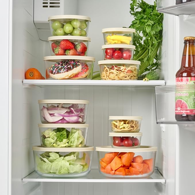 12-Piece Glass Food Storage Containers Set (6 Containers + 6 BPA-Free Lids) | 2-Cup, Leakproof | Microwave, Freezer, Oven & Dishwasher Safe | Ideal for Meal Prep & Pantry Organization, Beige