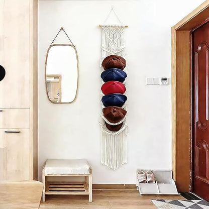 Macrame Hat Organizer Wall Mount for Baseball Caps - Handwoven Cotton Rope Cap Rack, Boho Home Decor, Holds Up to 8 Caps
