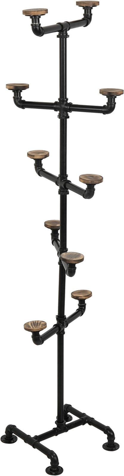 MyGift Hat Rack Stand,Standing Hat Organizer Tree, Baseball Caps Cowboy Hat Display, Industrial Black Metal Pipe Rack with 10 Round Rustic Burnt Wood Hanger Hooks