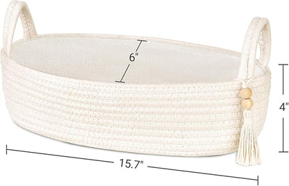 Mkono Small Storage Basket for Toilet Tank Top Boho Bathroom Decor Woven Rope Toilet Paper Tray Organizer for Shelf Bedroom Living Room, White, 1 Pack, 15.7" L x 6" W
