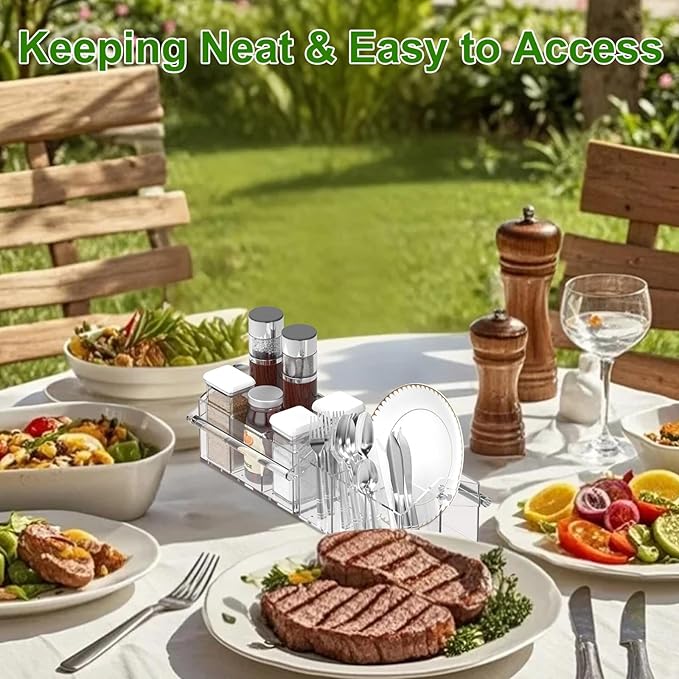 Chivalral Acrylic Utensil Holder & Paper Plate Holders -Clear Space-Saving Cutlery Caddy and Silverware Organizer for Kitchen, Table, Buffet, Party, Picnic, Camping Indoor Outdoor Use