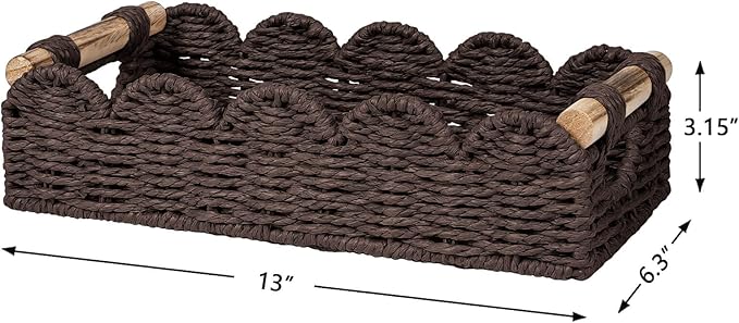 CubesLand Bathroom Basket Organizer w/Cut Out Handle, Back of Toilet Paper Storage Baskets for Bathroom Countertop Decorative, Small Scalloped Wicker Basket Also for Home Decor, Living Room, Brown