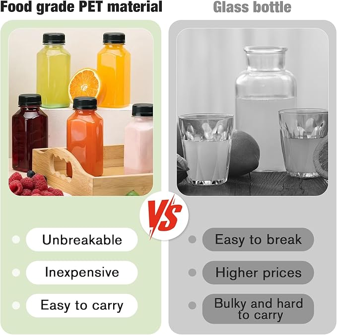 Plastic Juice Bottles with Caps 6 pcs - 8oz Reusable Juice Containers with Tamper Proof Lids White - Clear Juicing Bottles for Juicing Milk Smoothie Drinking and Other Beverages Christmas Gifts