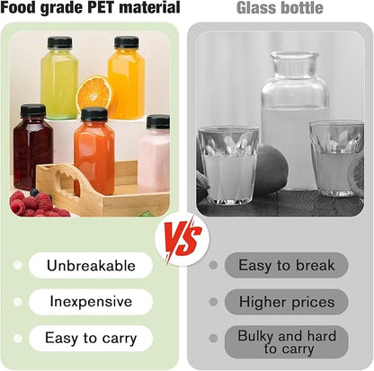 Plastic Juice Bottles with Caps 6 pcs - 8oz Reusable Juice Containers with Tamper Proof Lids White - Clear Juicing Bottles for Juicing Milk Smoothie Drinking and Other Beverages Christmas Gifts