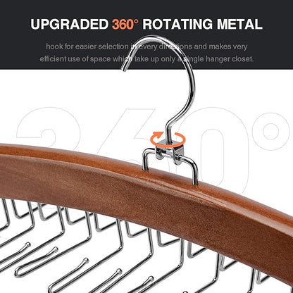 Tie Rack 2Pcs Tie Racks for Men Closet 24 Hooks, Wooden Tie Organizer with Upgraded 360°Rotating, Scarves Accessories Closet Organizer for Bras,Tank Tops,Camisoles etc.Walnut…