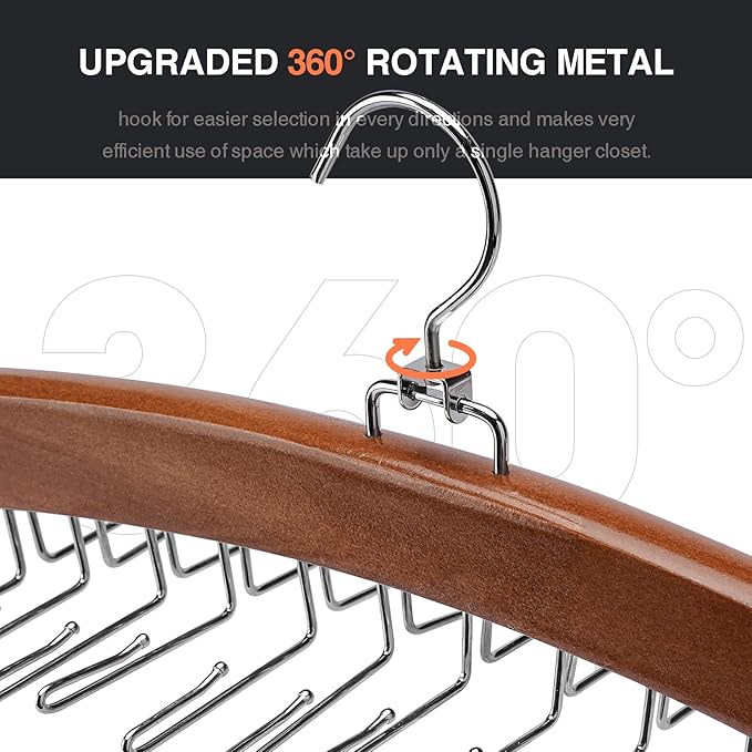 Tie Rack Tie Hanger 24 Hooks Wooden, Tank Top Hanger,Belt Organizer for Closet,with Upgraded 360°Rotating, Belts Scarves Accessories for Bras,Tank Tops,Camisoles…