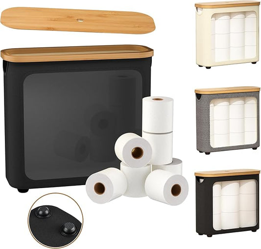 Toilet Paper Storage with Bamboo Lid,Foldable Basket Organizer for Bathroom, Holds 9 Mega/12 Regular Rolls, Waterproof Toilet Paper Holder Storage with Non-Slip Base,Black