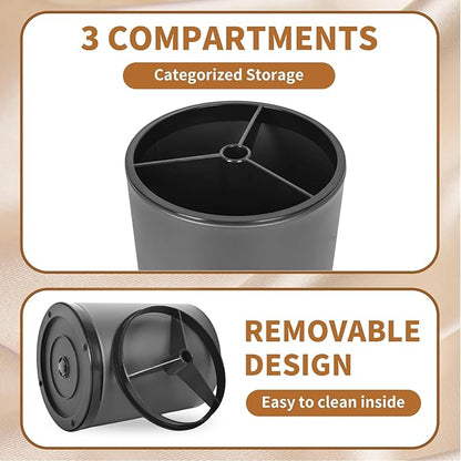 Nigelia Extra Large Kitchen Utensil Holder - 360° Rotating Stainless Steel Cooking Utensil Holder for Countertop, 3 Compartment Flatware Organizer & Utensil Caddy with Removable Base（Grey）