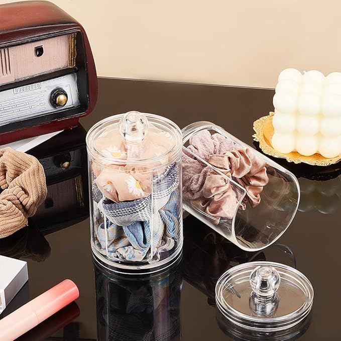 PH PandaHall 2pcs Acrylic Scrunchie Display Stand, Small Hair Ties Storage Organizer Clear Scrunchie Holder with Lid Hair Accessories Storage Rack for Women, 4.6 inch in Height