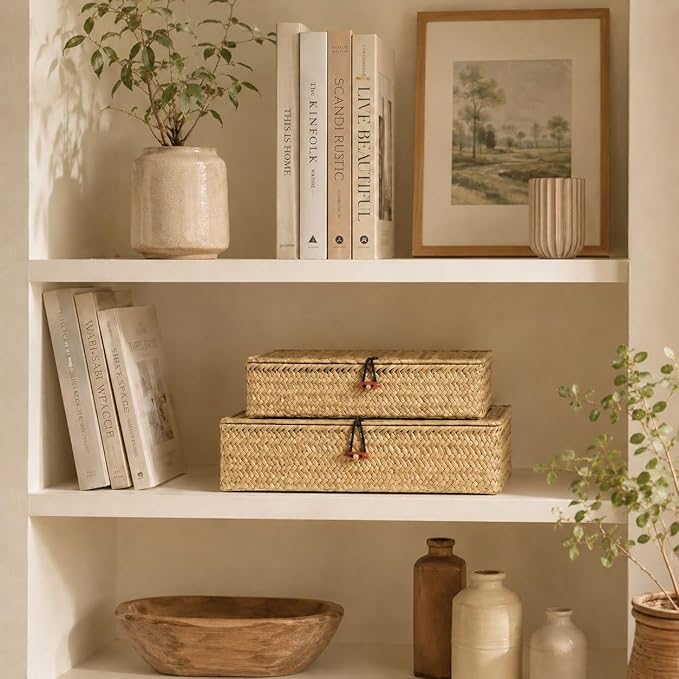 4 Pack, Wicker Baskets with Lids, Nautral Seagrass Storage Baskets, Woven Rectangular Basket Bins, Rattan Storage Organizer for Shelf (Natural, Set of 2)