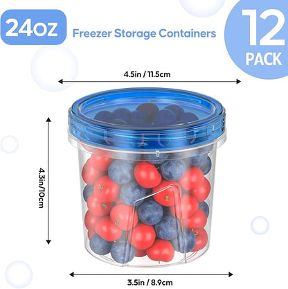 [12 Pack-24 Oz] Freezer Storage Containers Set, Small Plastic Containers with Twist Top Lids, Reusable Soup Containers for Meal Prep, Lunch, Leftovers