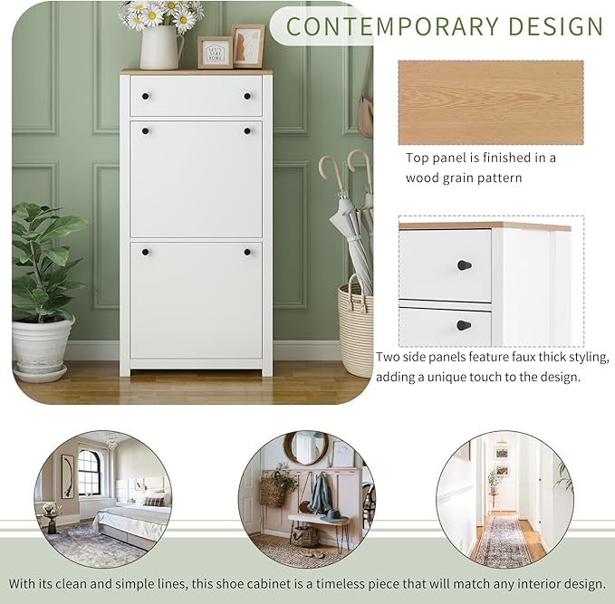 Modern Shoe Cabinet with 2 Flip Doors and 1 Storage Drawer Free-Standing Wooden Shoe Rack Shoe Storage Organizer for Entryway Hallway Small Space(White&Natural)