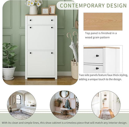 Modern Shoe Cabinet with 2 Flip Doors and 1 Storage Drawer Free-Standing Wooden Shoe Rack Shoe Storage Organizer for Entryway Hallway Small Space(White&Natural)