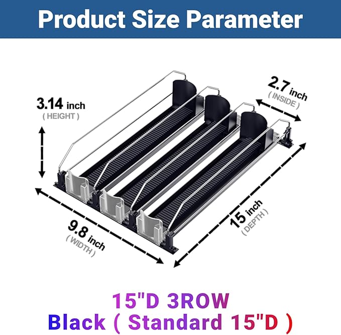 Drink Organizer for Fridge,12oz 16oz 20oz - Soda Can Dispenser for Refrigerator,Width Adjustable,Automatic Pusher Glide (Black, 15" D 3ROW, Holds 15 Cans)