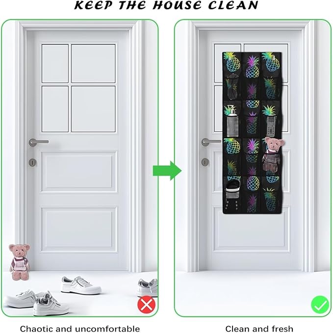 12-Pocket Over the Door Organizer, Transparent Mesh Compartments for Instant Visibility, Space-Saving Bathroom & Closet Storage,Pineapples
