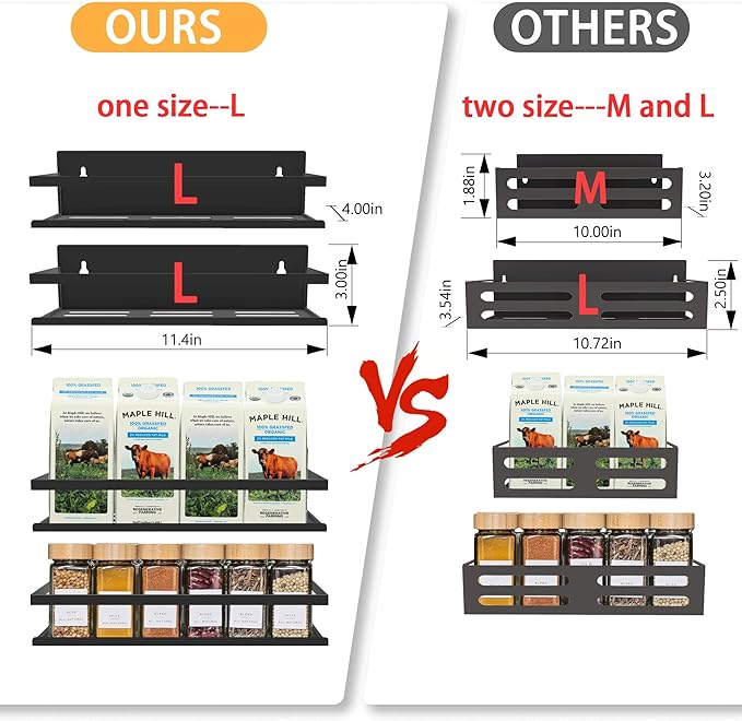 SMRCAD Metal Magnetic Spice Rack for Refrigerator, 4 pack Magnetic Shelf for Fridge Space Saving Seasoning Organizer for Any Metal Surface No Drilling Needed (BLACK -cut out, 4pack)