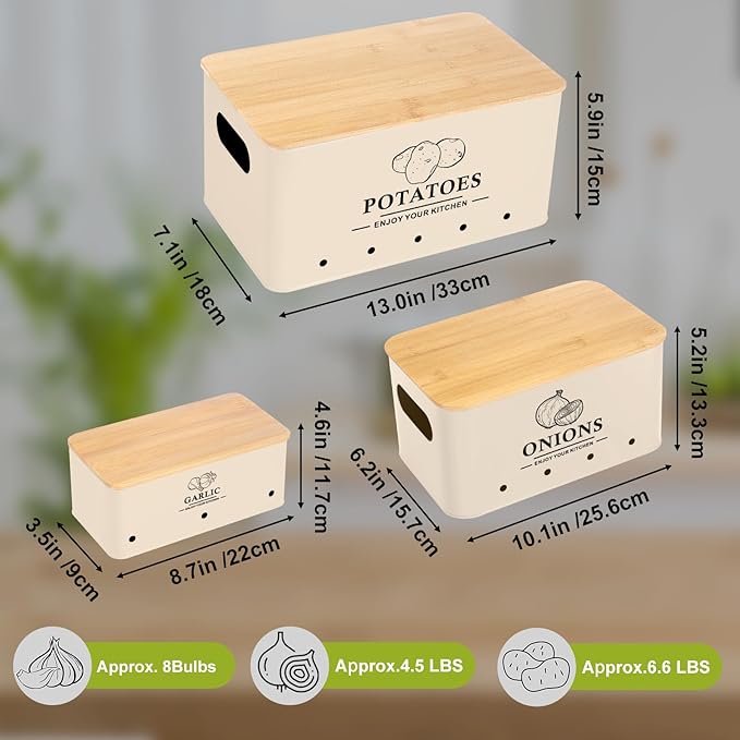 Kitchen Vegetable Storage Set of 3, Metal Onion Garlic Potato Storage Set, Kitchen Canisters Vegetable Keeper Containers with Aerating Holes and Wooden Lid (Beige)