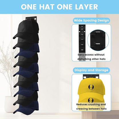 2 Pack Hat Racks for Wall, Holds up to 18 Caps, Baseball Cap Organizer Display with Strong Adhesive & Screw Mount, Space Saving Closet Door Hook for Baseball Caps Storage, Black