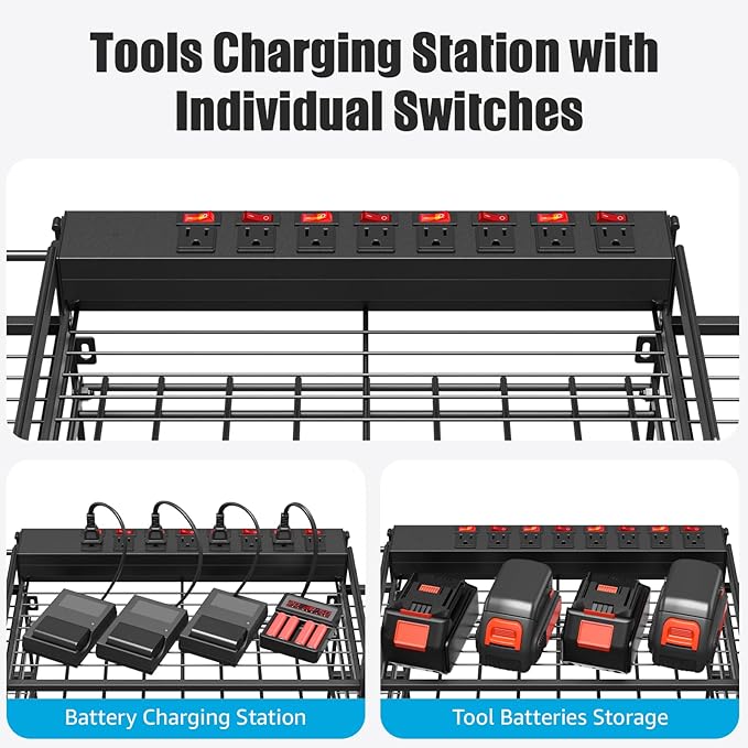 CCCEI Black Power Tool Organizer Wall Mount, Large Tools and Battery Storage Rack Charging Station Individual Switches. Drills Holder, Garage Utility Shelves with 10FT Power Strip. Gift for Men.