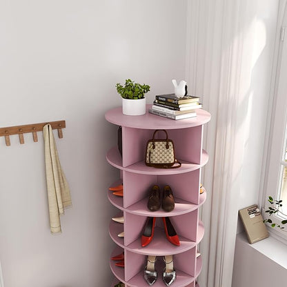 HomVent Rotating Shoe Rack, Wooden 6-Tier Spinning Shoe Rack Tower, Free Standing 360° Revolving Shoe Organizer Shoe Storage Shelf Can Hold Over 24 Pairs Shoes for Entryway Living Room (6-Tier, Pink)