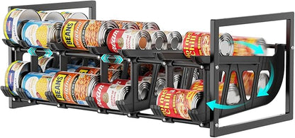 iSPECLE Expandable Can Organizer for Pantry, Large Capacity 60 Cans Can Storage Organizer Pantry Rack, Auto Rolling Dispenser & Stackable Metal Wire Holder for Deep Pantry Shelves, Black